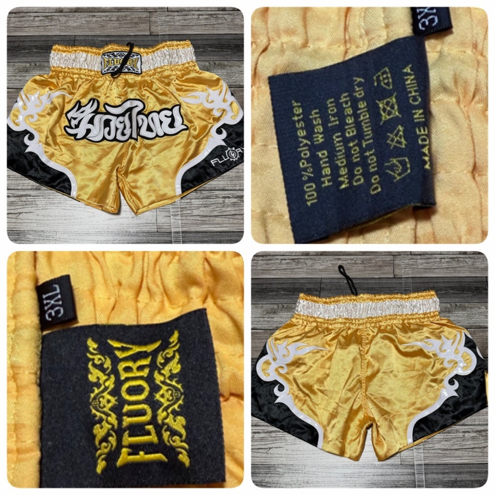 Fluory Muay Thai Shorts Size 3XL Gold Black Tribal Print Kickboxing Inseam 3.5